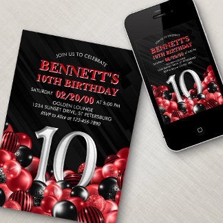 Balloons Red 10th Birthday Invitation