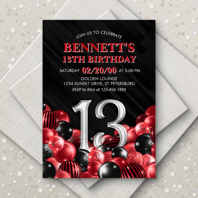 Balloons Red 13th Birthday Invitation (Creator Uploaded)
