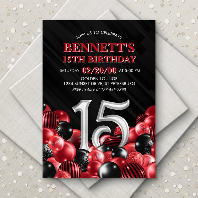 Balloons Red 15th Birthday Invitation (Creator Uploaded)