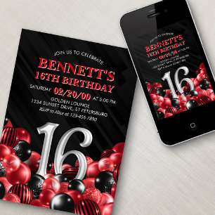 Balloons Red 16th Birthday Invitation