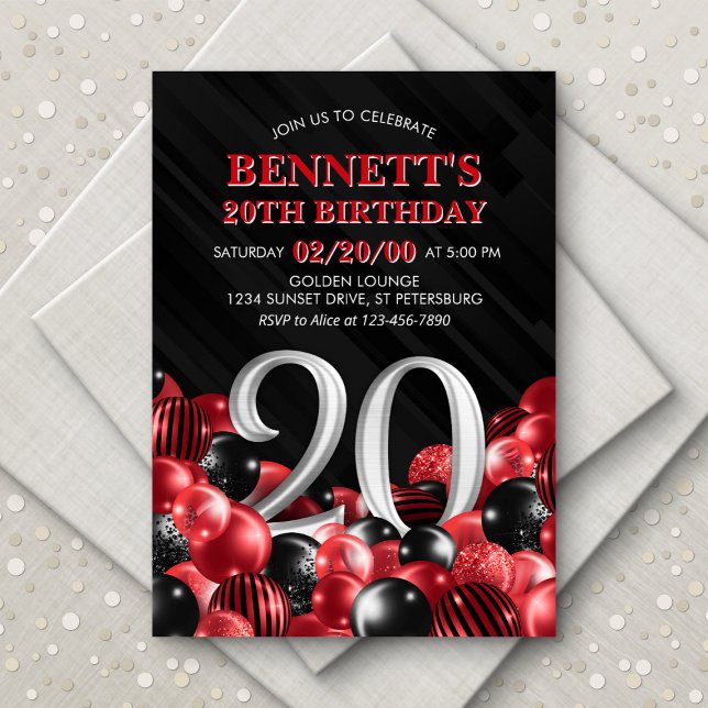 Balloons Red 20th Birthday Invitation (Creator Uploaded)