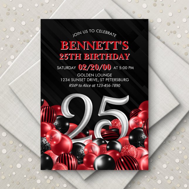 Balloons Red 25th Birthday Invitation (Creator Uploaded)
