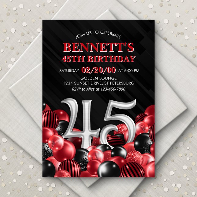 Balloons Red 45th Birthday Invitation (Creator Uploaded)