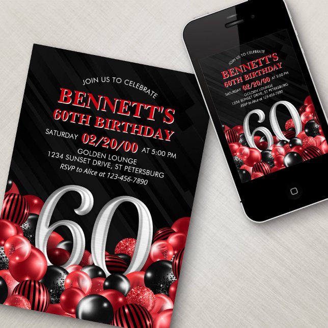 Balloons Red 60th Birthday Invitation (Creator Uploaded)
