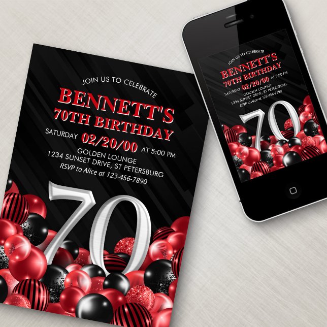Balloons Red 70th Birthday Invitation (Creator Uploaded)