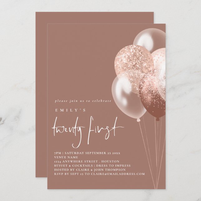Balloons Script Rose Gold Twenty First Birthday  Invitation (Front/Back)