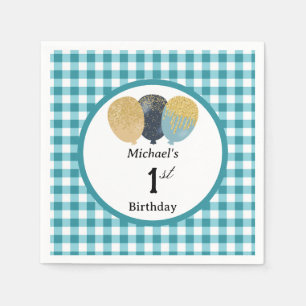 Balloons & Teal Blue Gingham 1st Birthday Napkin