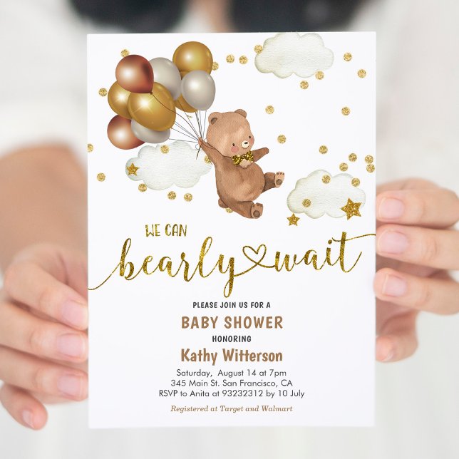 Balloons Teddy Bear We Can Bearly Wait Baby Shower Invitation (Creator Uploaded)