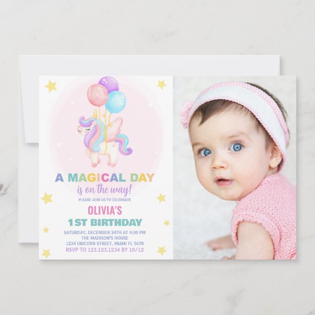Balloons Unicorn Birthday Invitations with photo (Front)
