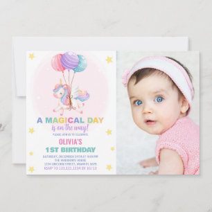 Balloons Unicorn Birthday Invitations with photo