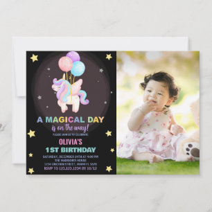 Balloons Unicorn Birthday Invitations with photo