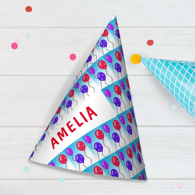 Balloons with Stars Kids Birthday Party Name Party Hat (Creator Uploaded)