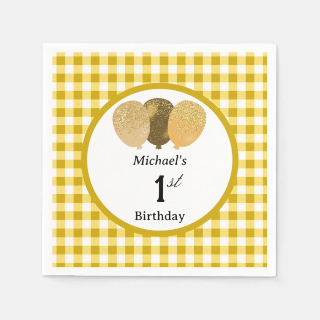 Balloons & Yellow Gingham 1st Birthday Napkin (Front)
