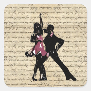 Ballroom dancers on vintage paper square sticker