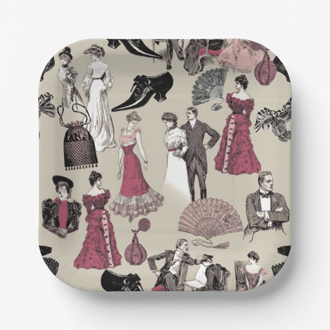 ballroom victorian era fashion toile beige paper plate (Front)