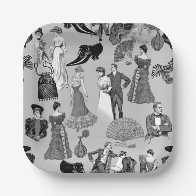 ballroom victorian era fashion toile black white paper plate (Front)