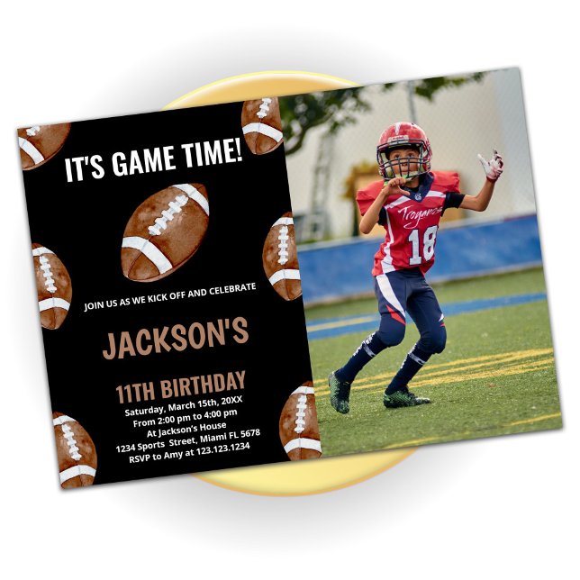 Balls Black Football Birthday Invitations w photo (Creator Uploaded)