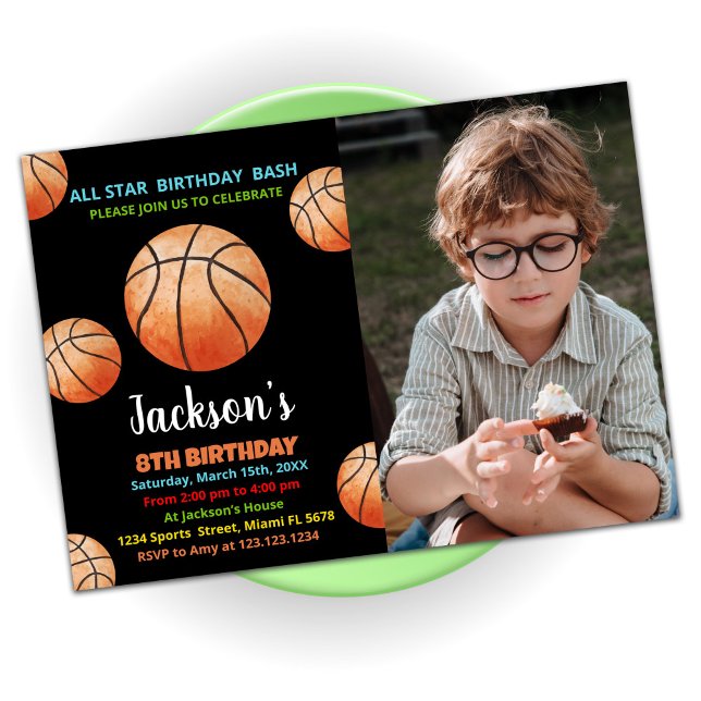Balls Black Orange Basketball Birthday Photo Invitation (Creator Uploaded)
