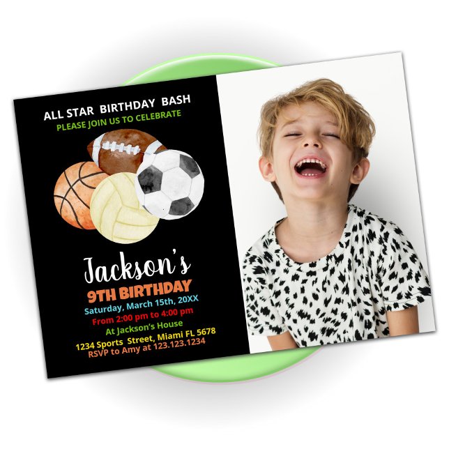 Balls Black Orange Sports Birthday with photo Invitation (Creator Uploaded)