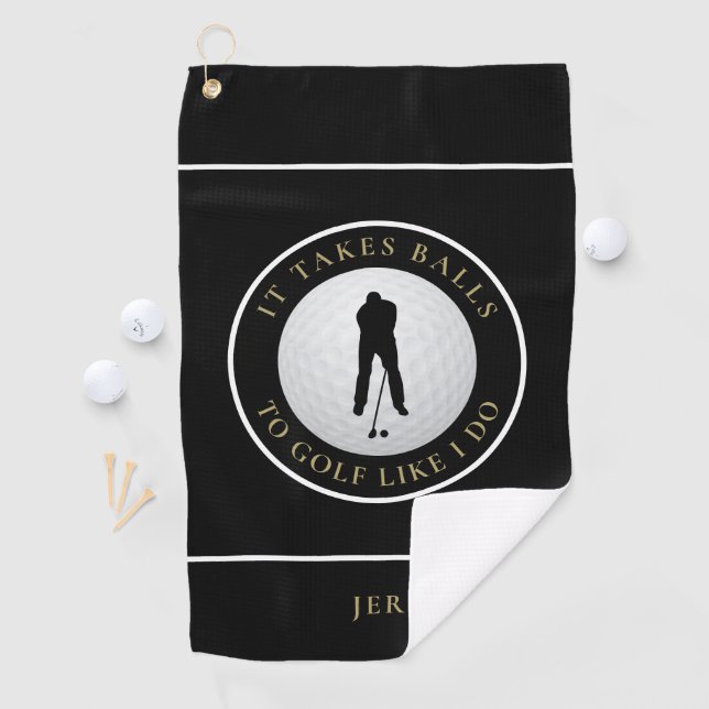 Balls Humour Golfer Sports Monogrammed Black Gold Golf Towel (InSitu)
