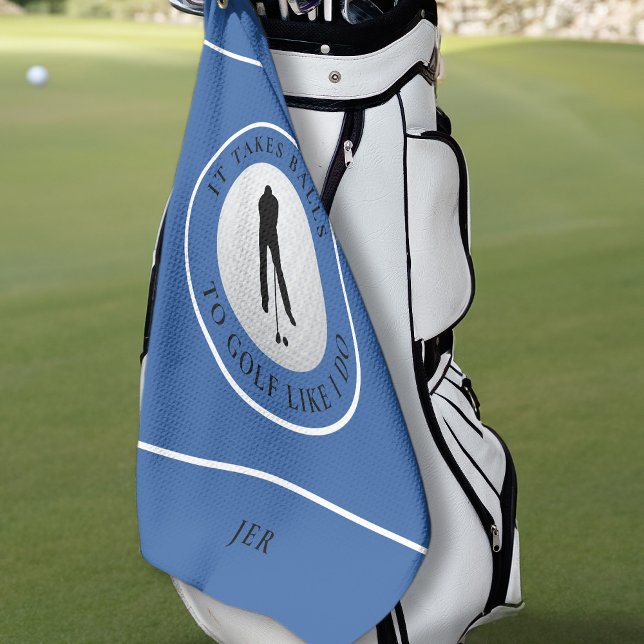 Balls Humour Golfer Sports Pun Monogram Blue Black Golf Towel (Creator Uploaded)