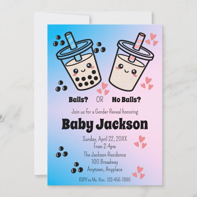 Balls or No Balls Bubble Tea Boba Gender Reveal Invitation (Front)