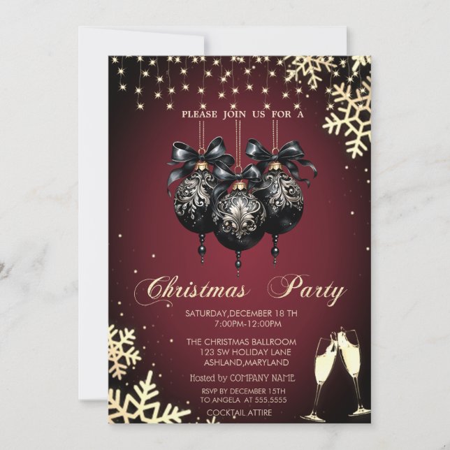 Balls,Snowflakes,Glasses,Red Company Christmas Invitation (Front)
