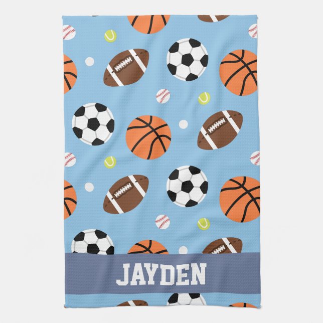 Balls Sports Themed Pattern For Boys Tea Towel (Vertical)