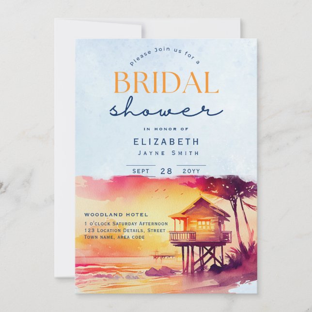 Balmy Days | Tropical Sunset Beach Bridal Shower Invitation (Front)