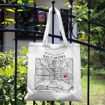 Baltimore Love Locator | City Map Wedding Welcome Tote Bag<br><div class="desc">A fun tote bag for a wedding or any other occasion taking place in the beautiful city of Baltimore, Maryland. This tote features an overhead map of the city centre inside a black-bordered box framer. On the top sits a short welcome greeting and the name of the city. On the...</div>