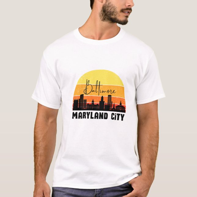 Baltimore Maryland City Skyline Sunset Retro Graph T-Shirt (Front)