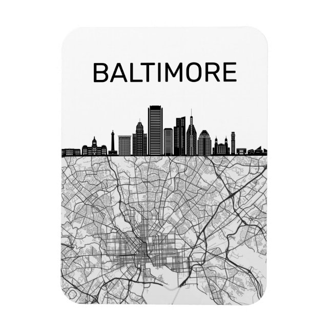 Baltimore Maryland City Skyline With Map Magnet (Vertical)