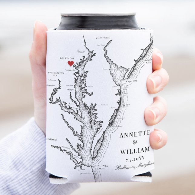 Baltimore Maryland Elegant Black White Wedding Can Cooler (Baltimore Wedding Favor Can Coozie Elegant black and white can cooler wedding keepsake)