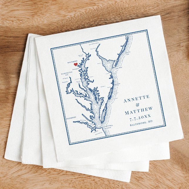 Baltimore Maryland Map Elegant Navy Blue Wedding Napkin (Baltimore Wedding Napkins Personalized Chesapeake Bay Map Napkins in elegant navy blue )