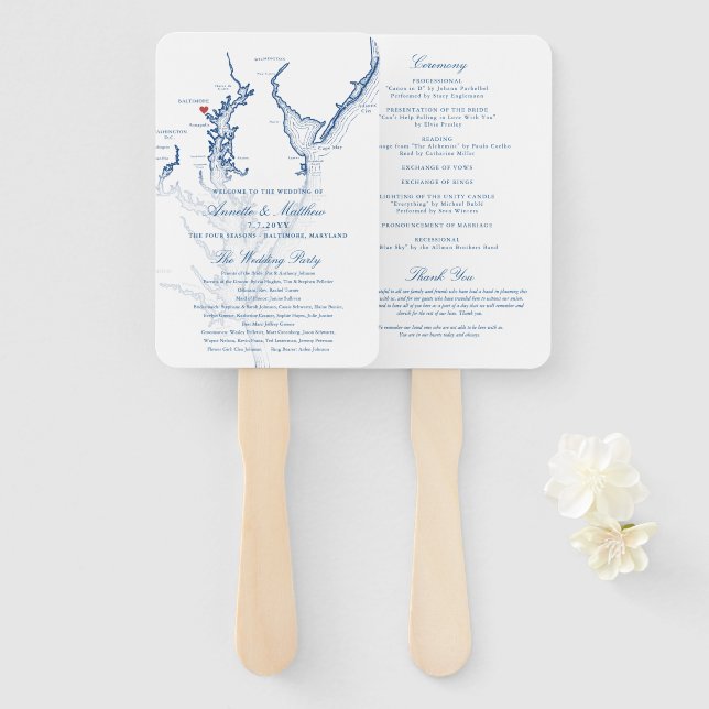 Baltimore Maryland Map Wedding Program Hand Fan (Front and Back)