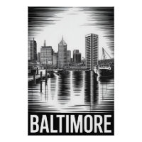 Baltimore Maryland Skyline Black White Woodcut