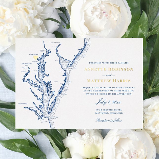 Baltimore Maryland Wedding Navy and Gold  (Baltimore Maryland Gold and Blue wedding invitation from Coastal map Designs)