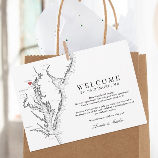 Baltimore Maryland Wedding Welcome Itinerary Thank You Card (Baltimore Maryland Map wedding welcome letter and itinerary schedule of events in black and white)
