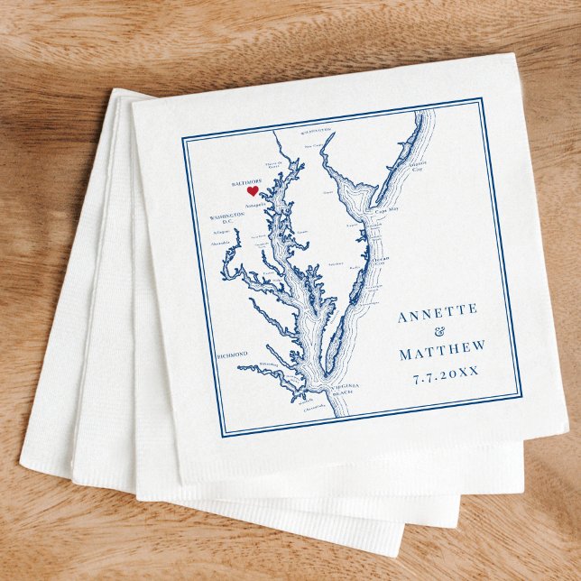 Baltimore MD Chesapeake Bay Map Elegant Wedding Napkin (These Baltimore Maryland Map napkins are perfect for your Chesapeake Bay Destination Wedding)