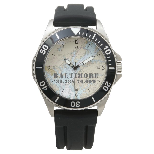 Baltimore MD Nautical Latitude Longitude Boater's Watch (Front)