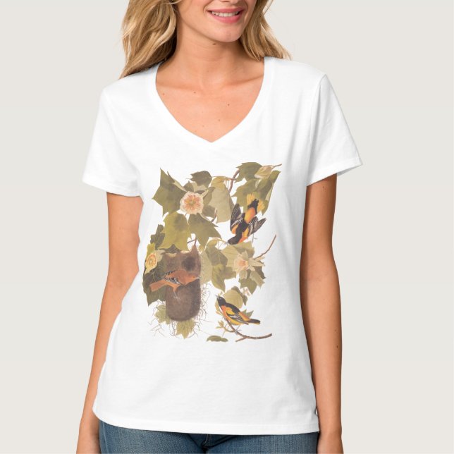 Baltimore Oriole Audubon Bird Family with Nest T-Shirt (Front)