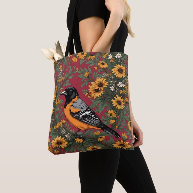 Baltimore Oriole Bird And Black Eyed Susan Flowers Tote Bag (Close Up)