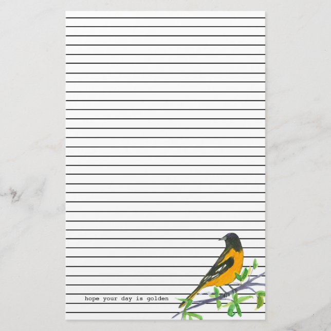 Baltimore Oriole Golden Day Black Lined Stationery (Front)