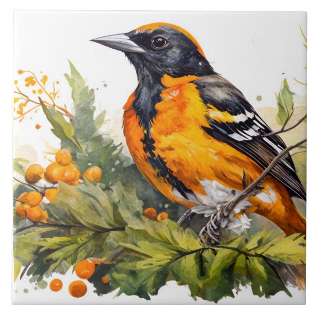 Baltimore Oriole On A Branch of Berries Tile (Front)