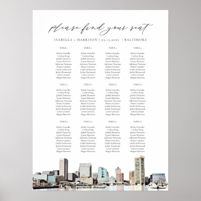 BALTIMORE Painted Skyline Wedding Seating Chart (Front)