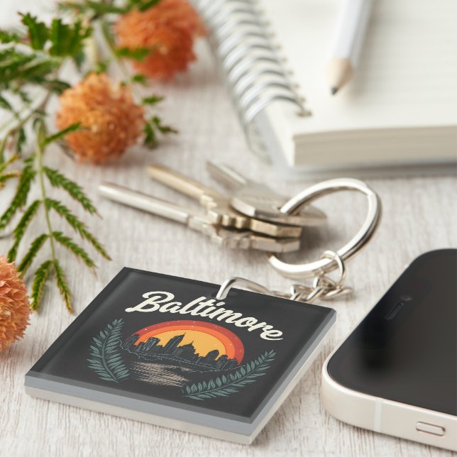Baltimore Retro Skyline with Sunset  Key Ring (Front Right)
