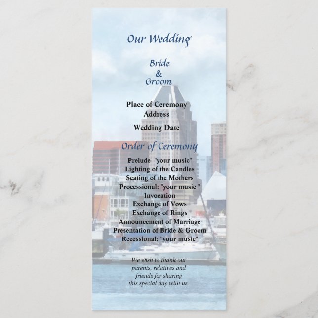 Baltimore Skyline and Harbour Wedding Program Programme (Front)