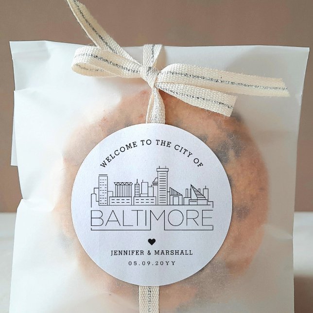 Baltimore Skyline | Wedding Welcome Favour Classic Round Sticker (Creator Uploaded)