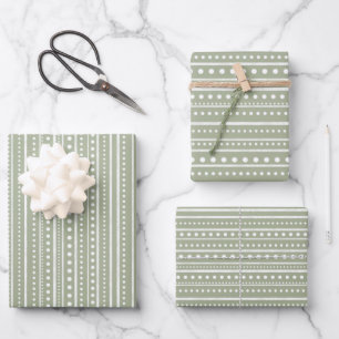 Bamanko Boho Sage Green Dots and Stripes Pattern Wrapping Paper Sheet