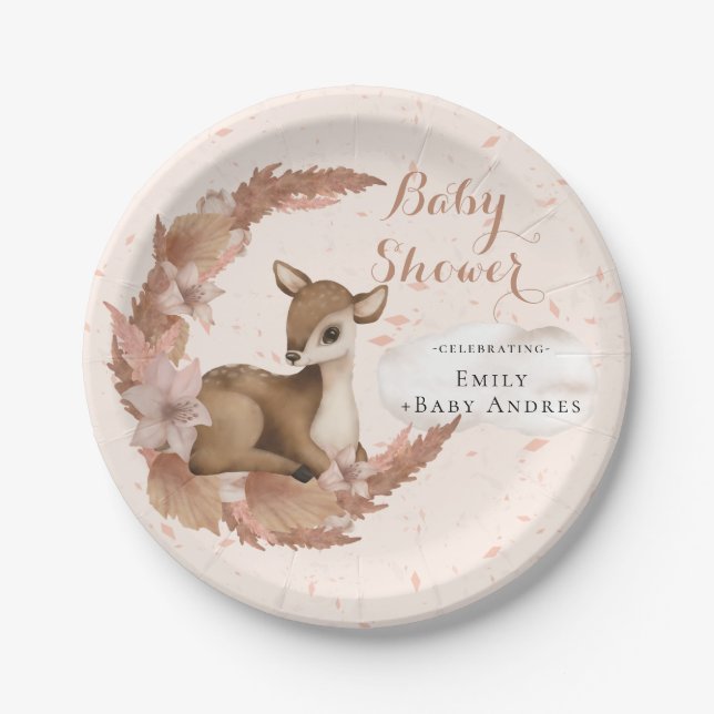 Bambi with Flowers Stars Cloud Baby Shower Paper P Plate (Front)